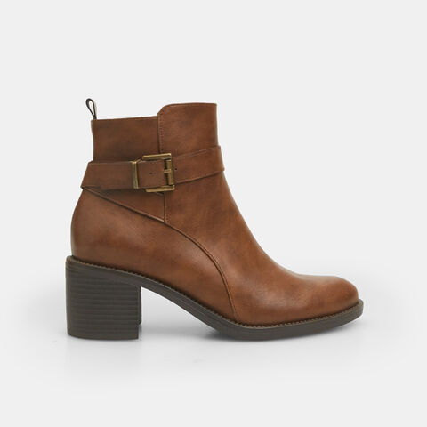 Botines de mujer con tacón bajo y correa con hebilla, Marrón Botines de mujer con tacón bajo y correa con hebilla, Marrón